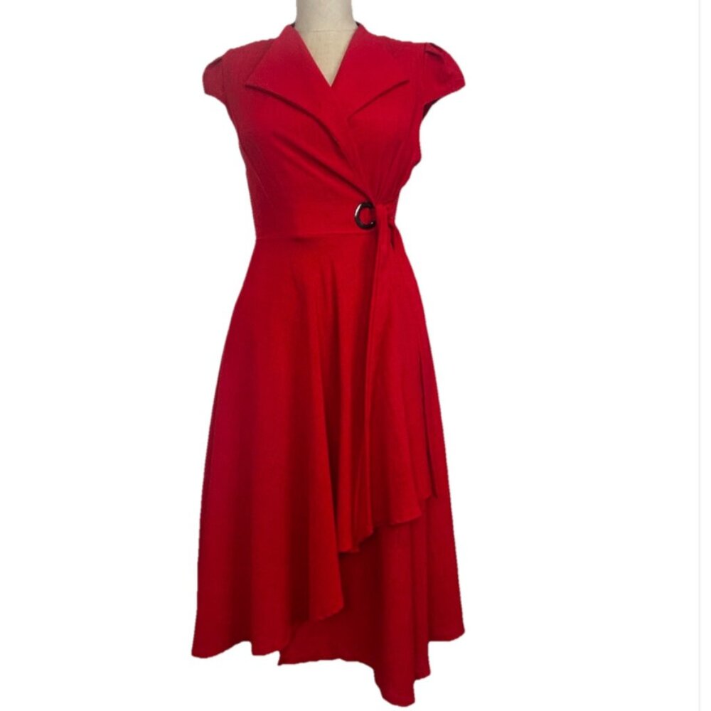 Red Fit & Flare Wrap Midi Dress | Rockabilly Retro Pin Up Mid Length XS-Small